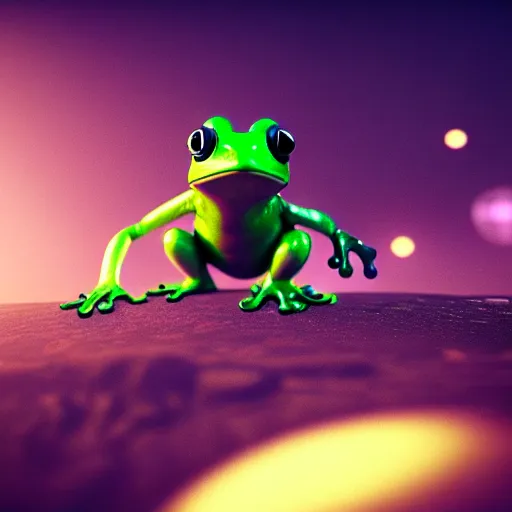 Prompt: a cyberpunk frog in an unknown planet, octane render, hyperrealistic, 3D