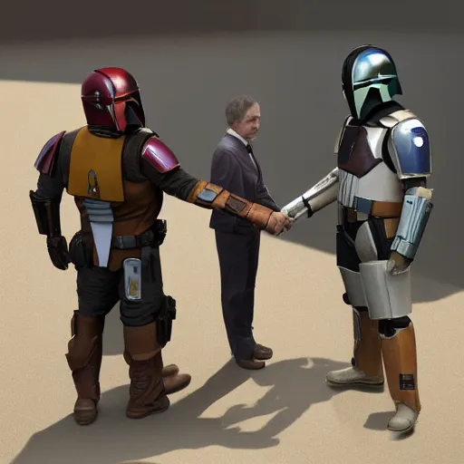 Image similar to walter white shaking hands with the mandalorian, dramatic digital art