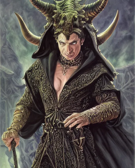 Prompt: detailed portrait of a male horned Tiefling as a powerful dungeons and dragons warlock, wearing dark robe, intricate, hyper detailed, lovecraftian, realistic, oil painting, by jeff easley, boris vallejo, cinematic lighting