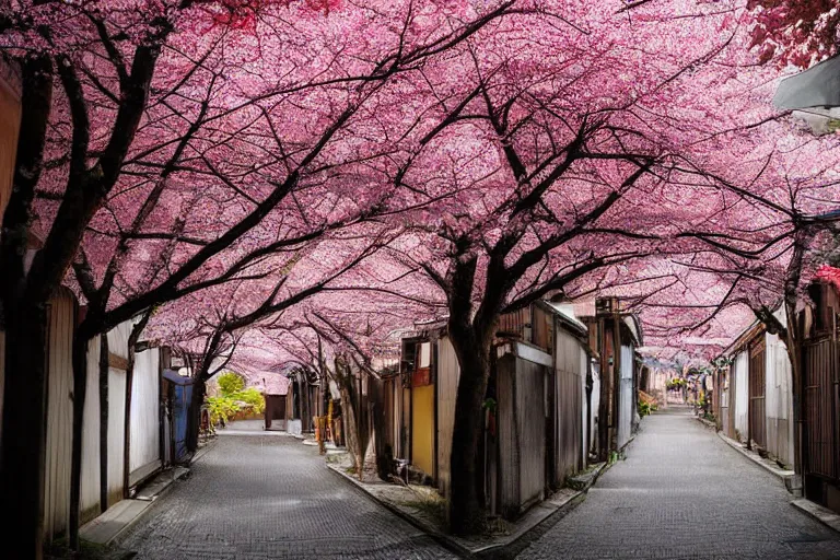 Prompt: beautiful Japanese alleyway with sakura trees by Vincent Di Fate, rule of thirds, beautiful, sharp focus