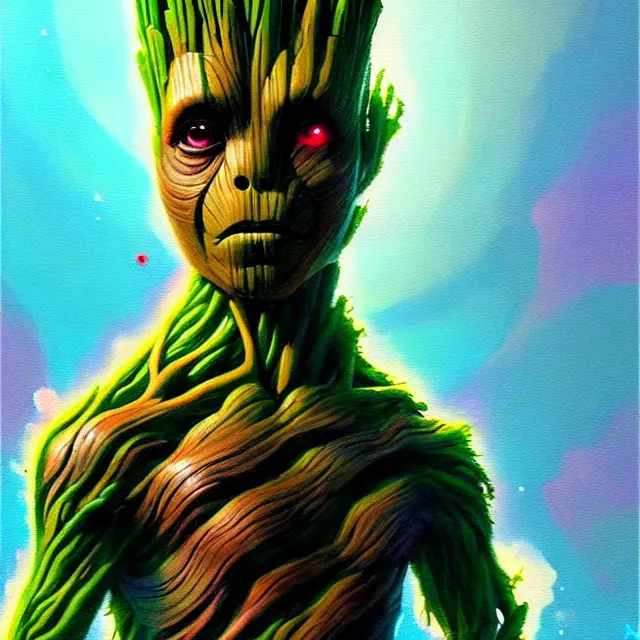 Prompt: a beautiful painting of a 7 0 s sci - fi groot by sachin teng and pascal blanche and ruan jia and greg rutkowski. in style of futurism art. ( ( colorful comic ) ), film noirs, ( ( brush stroke ) ), ( ( vibrating colors ) ), hyper detailed. 4 k texture. octane render. trending on artstation
