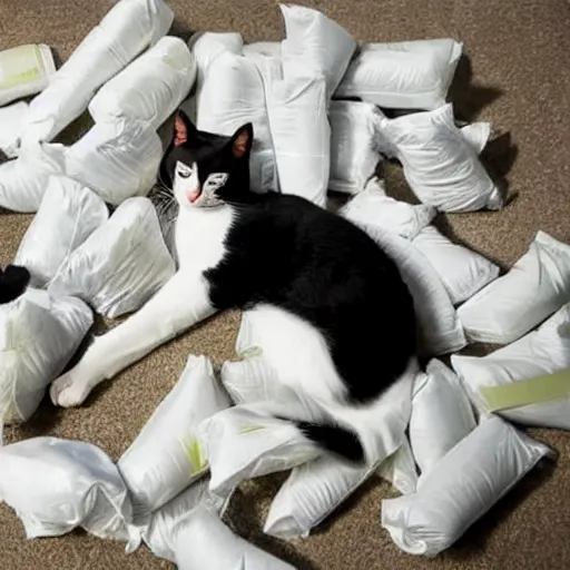 Image similar to A tuxedo cat lying on top of a pile of narcotics seized by the authorities