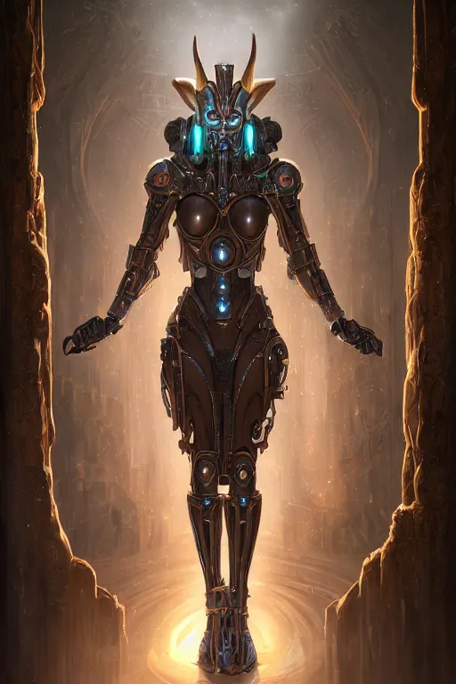 Image similar to portrait of a beautiful female hybrid cybernetic atlantean anubis elsa jean alien warrior, regal, realistic, refined, detailed, digital art, jessica rossier, michael cheval, esao andrews, steampunk, walt disney ( 1 9 3 7 ), francois boucher, oil painting, highly detailed, cinematic lighting, unreal engine, 8 k, hd