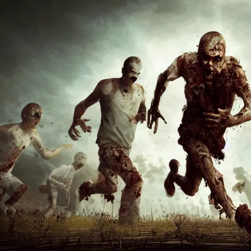 Image similar to man holding a Bible while running. Zombie chase him in the background. Highly detailed, trending on cgsociety