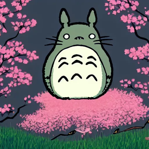 Prompt: Totoro in a cherry blossom field ghibli theme