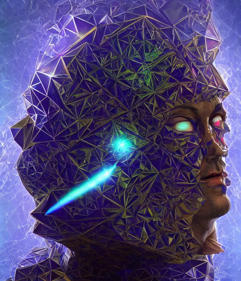 Image similar to front!!! shot of a court jester!!! character, mesmerizing fractal hypercubes, bismuth, dark holography!!!, future, metallic galactic, crystalline edges, polygonal, elegant, highly detailed, centered, (((artstation, concept art, jagged, sharp focus, artgerm, Tomasz Alen Kopera, Peter Mohrbacher, donato giancola, Joseph Christian Leyendecker, WLOP, Boris Vallejo))), ((raytracing)), mugshot!!!!!, ugly!!!!!!, octane render, nvidia raytracing demo, octane render, nvidia raytracing demo, octane render, nvidia raytracing demo, 8K