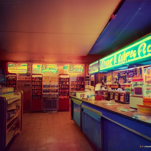 Image similar to a cup of tea on the counter, inside of a 1970s convenience store, neon lights, dirty, ektachrome photograph, volumetric lighting, f8 aperture, cinematic Eastman 5384 film