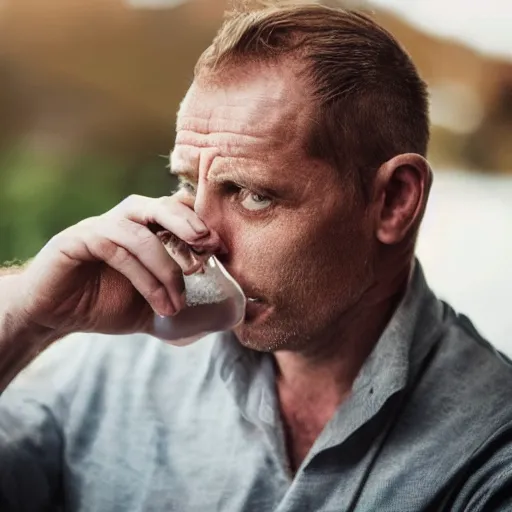 Image similar to a 4 5 years old man, depressed, drinking ginger beer