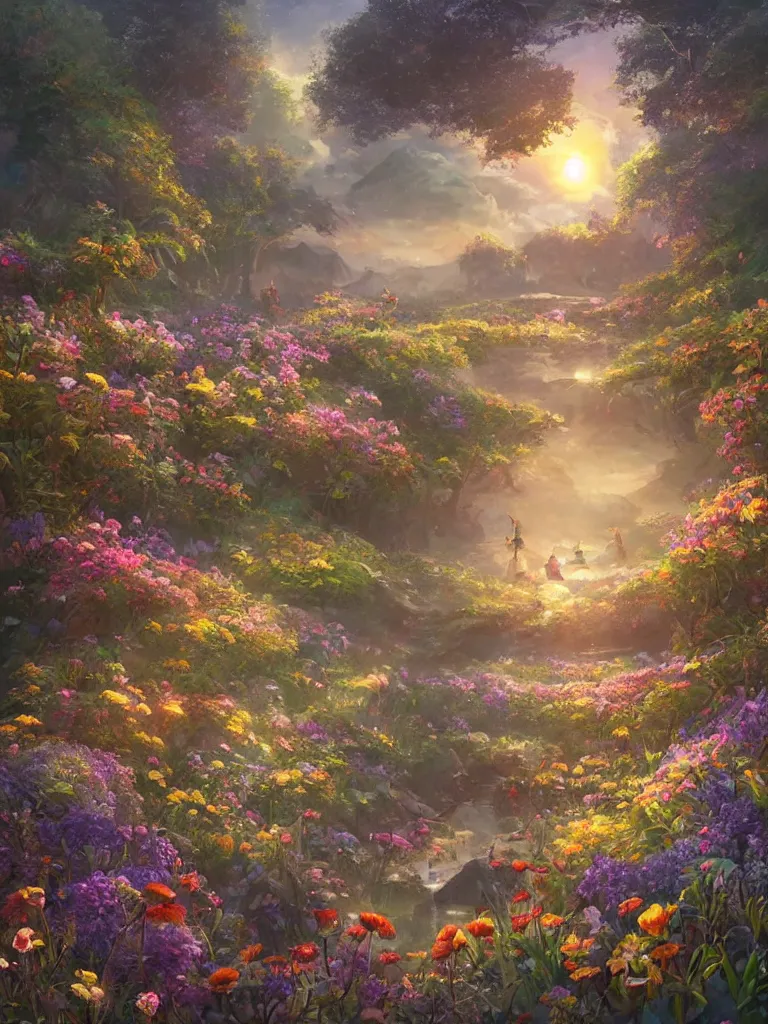 Prompt: a dream flower garden near a lakeside campsite environment where one draws mystical energy into their lives, background art, pristine concept art, small, medium and large design elements, golden hour, in the style of WLOP and Ross Tran