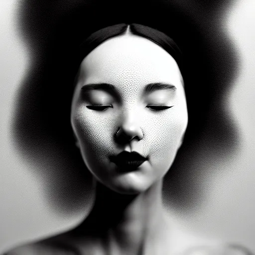 Image similar to black and white portrait of a young beautiful woman with eyes closed. partially covered with smooth fractal mandelbulb mask, speed painting and scribble art, octane render, behance and artstation, intricate detail, beautiful, moody, cinematic, art deco, surrealism, futurism.