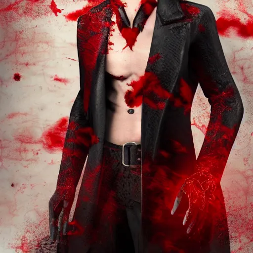 Prompt: a vampire, male, mid - 3 0 s aged, long, slicked black hair, clean shaven, in red and black, regal, high fantasy, realistic, highly detailed, full body shot, concept art, 8 k.