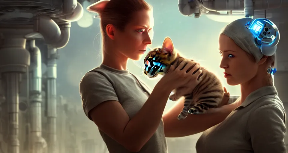 Image similar to a very realistic movie still of a cyborg woman holding a kitten puppy in a cyborg factory, highly detailed render by beeple, syd meade, starwars, space art concept, sci - fi, digital art, unreal engine, wlop, trending on artstation, 4 k uhd image, octane render