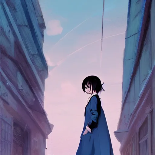 Prompt: low - angle shot from behind of a girl with light blue straight hair in a blue tailcoat, combat boots, noir, sharp focus, intricate, illustration, cell shaded, color block, digital painting, highly detailed, art by frank frazzeta, studio quality, makoto shinkai, james jean