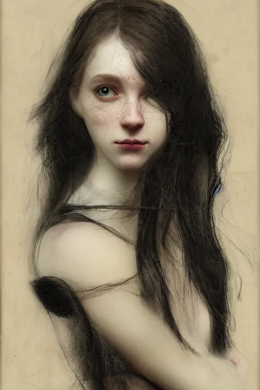 Prompt: glitch, picture portrait,(((((((((((((young woman's face))))))))))))), long black hair, pale skin, digital render, super-detailed , by Millais