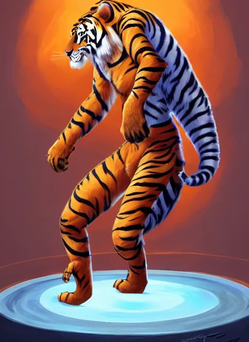Image similar to character portrait of a male anthro Tiger fursona wearing a wrestling costume in a futuristic wrestling ring. Character design by charlie bowater, ross tran, artgerm, and makoto shinkai, detailed, inked, western comic book art