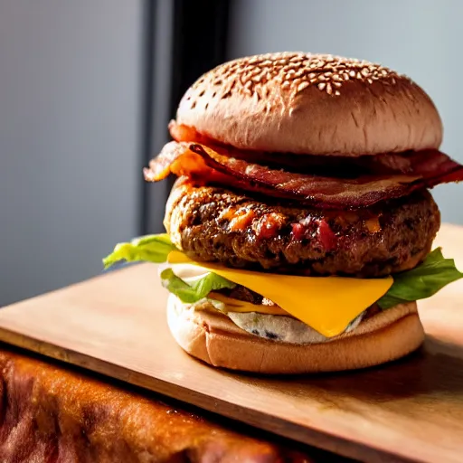 Image similar to bacon cheese burger, very tall, stacked, award winning food photography, golden hour, holy