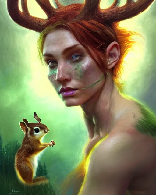 Prompt: muscular female druid with pet chipmunk, perfect face, thin antlers, green halter top, ginger hair, abs, cinematic, freckles, stunning, athletic, strong, agile, highly detailed, psychedelic, digital painting, artstation, smooth, hard focus, illustration, art by jessica rossier and and brian froud