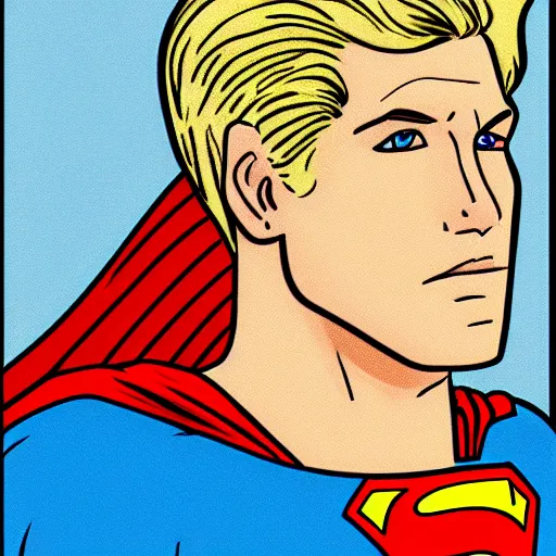 Image similar to portrait of blonde superman with blonde hair he is blinde and thin face lines, his cape is the american flag