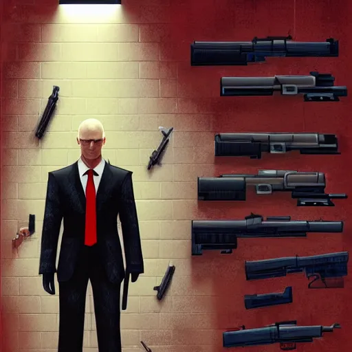 Image similar to a portrait of agent 4 7 from hitman choosing a weapon from a wall full of guns, dark background, red rim light, highly detailed, digital art, artstation, concept art by giger stalenhag