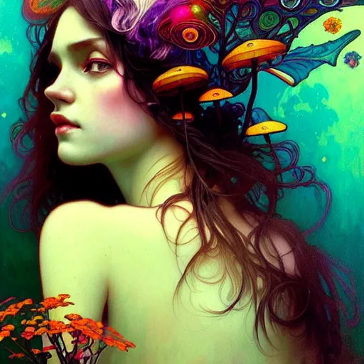 Image similar to A girl having an extremely colorful psychedelic experience, magic mushrooms, psilocybin, face, detailed, intricate, elegant, highly detailed, digital painting, artstation, concept art, smooth, sharp focus, illustration, art by Krenz Cushart and Artem Demura and alphonse mucha