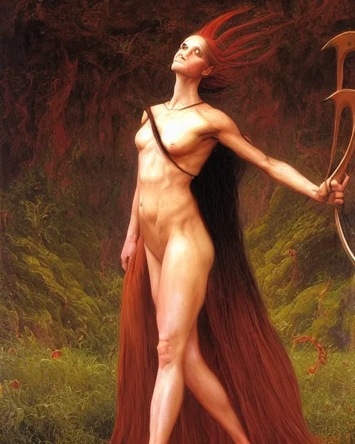 Prompt: beautiful female warrior, long flowing hair, standing in a fantasy environment, realistic oil painting by Thomas Cole and Wayne Barlowe