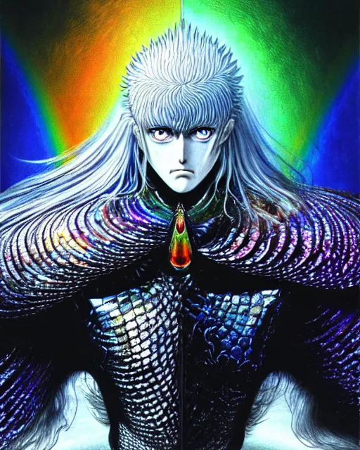 Image similar to realistic detailed image of ultra wrathful rainbow diamond iridescent mega griffith from berserk, depth perception, depth of field, action horror by ayami kojima, neo - gothic, gothic, part by adrian ghenie and gerhard richter. art by yoshitaka amano. masterpiece