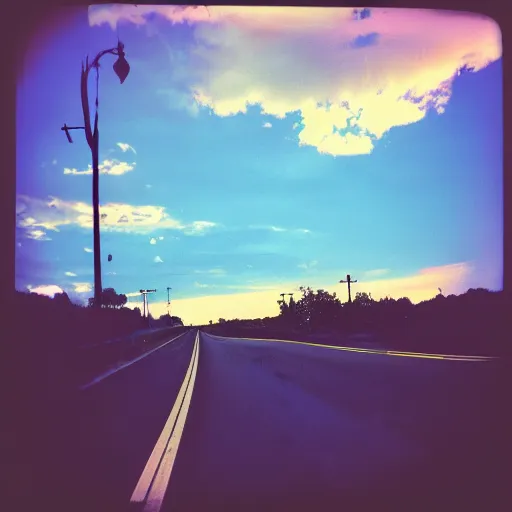 Prompt: instant photograph of the sky, polaroid, raw, beautiful, nostalgic, light leak, sunset, clouds, highway