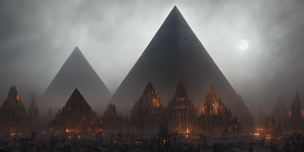 Prompt: dark, hive city, pyramid form, massive, extremely intricate, gothic, fog, greg rutkowski, darek zabrocki, marcin rubinkowski, lorenzo lanfranconi, oleg zherebin, karlkka, trending on artstation