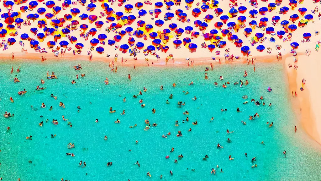 Image similar to photograph beachscapes satellite view imagery, Aerial view of beautiful sandy beach with hundreds of umbrellas and sea, Aerial of a crowded sandy beach with colourful 1970s umbrellas sun bathers and swimmers during summer, golden sand and clear blue sea, by Tommy Clarke and Joshua Jensen-Nagle