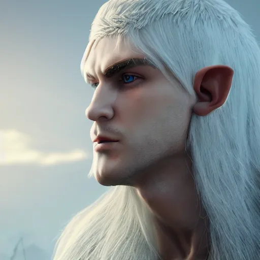 Image similar to a highly detailed male elf in full length, with white long hair, white clothes, bright blue eyes, artstation, DeviantArt, professional, octane render