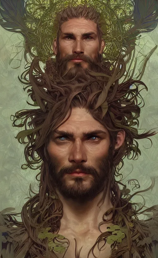 Prompt: god of the forest, 30 years old, rugged, male, gorgeous gorgeous gorgeous, detailed face face face face, amazing, thighs thighs thighs thighs, muscular, intricate, highly detailed, digital painting, artstation, concept art, sharp focus, illustration, by alphonse mucha