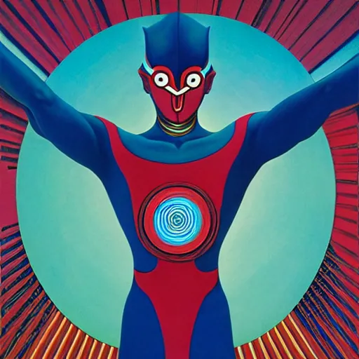 Prompt: vitruvian ultraman by james jean and shusei nagaoka, magritte painting