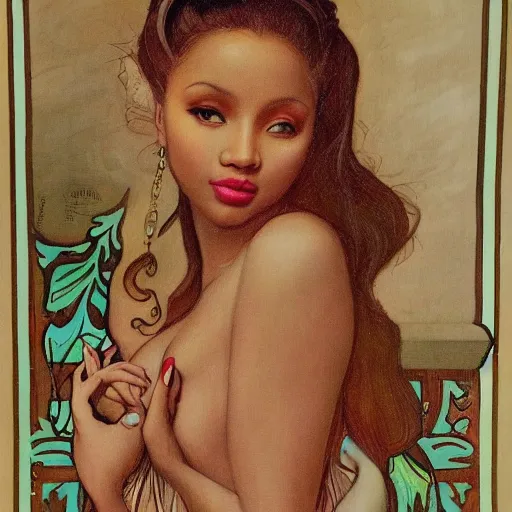 Prompt: romantic painted portrait of nicki minaj by james jean, mucha, andrew loomis, masterpiece