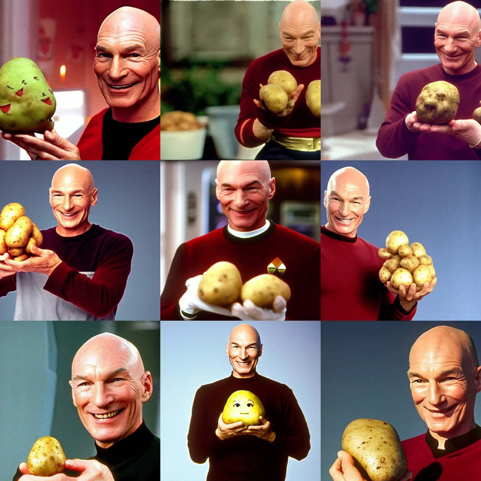 Prompt: captain picard smiling holding holding a potato in his hand, still from 9 0 s tv - show