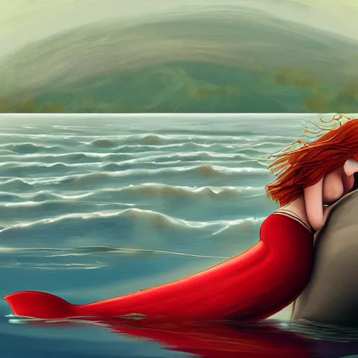 Prompt: a portrait of a red headed young woman hugging a whale in a scenic environment, digital art by Bowater Charlie