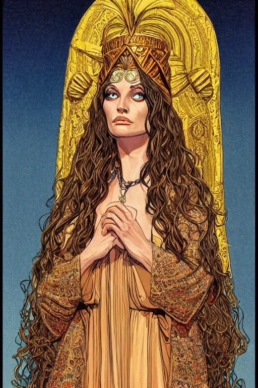 Image similar to Portrait of historically accurate, ancient biblical, sultry, sneering, evil, pagan, wicked, queen jezebel, wearing gilded robes, long hair, intricate, elegant, highly detailed, masterpiece, illustration, art by Jean Giraud, highly detailed, trending on artstation, award winning