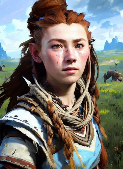 Image similar to portrait of a european Aloy from Horizon Zero Dawn in the style of League of Legends practicing, countryside, calm, fantasy character portrait, dynamic pose, above view, sunny day, thunder clouds in the sky, artwork by Jeremy Lipkin and Giuseppe Dangelico Pino and Michael Garmash and Rob Rey and Greg Manchess and Huang Guangjian, very coherent asymmetrical artwork, sharp edges, perfect face, simple form, 100mm