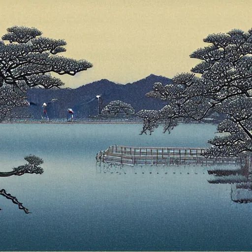 Prompt: the snowy West Lake by Kawase Hasui 4k