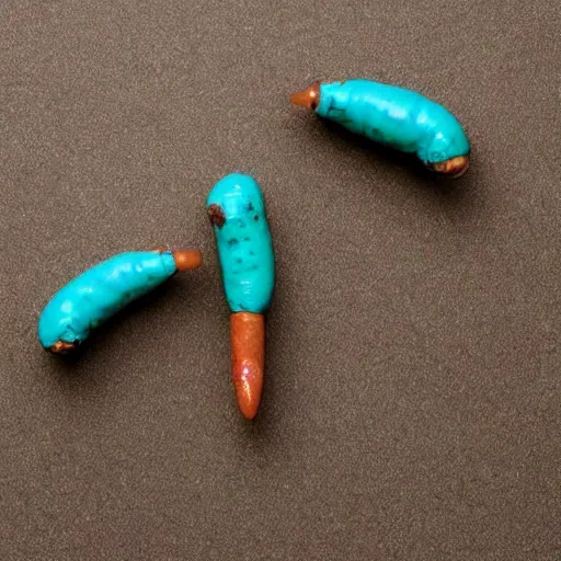 Prompt: a small turquoise sausage - shaped creature with two elongated stick - like heads from the front of its body