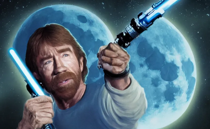 Image similar to chuck norris as a jedi with a blue lightsaber in an ancient bioluminescent forest, perfect symmetrical face, full moon, moody lighting, 8 k, shallow depth of field, intricate detail,