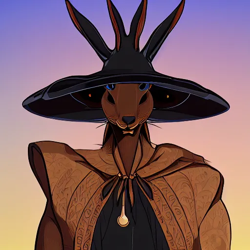 Prompt: black humanlike anthropomorphic jackrabbit harengon, wearing monk robes and a large wide brimmed hat, dark foreground, 4 k digital art