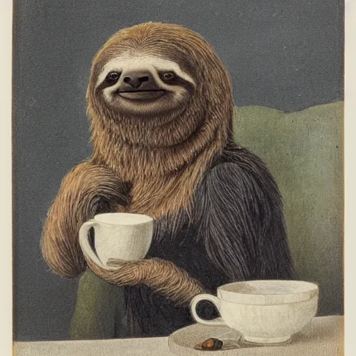 Prompt: portrait of a sloth drinking coffee like a human, 1 8 8 0 s style artwork