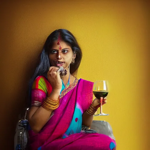 Image similar to indian woman sipping wine, highly detailed, lonely, diverse colors, 4 k, dynamic composition