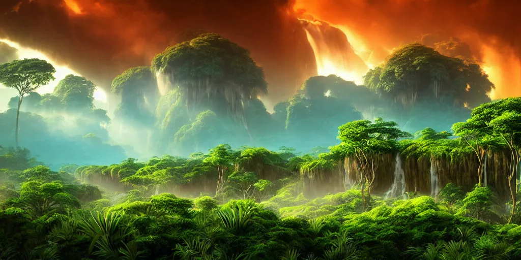 Prompt: a prehistoric savanna with giant ferns, waterfall, mountains, towering cumulonimbus clouds, volumetric lighting, hazy, blue, orange, teal, washed out, an award winning digital render, beautiful, ultradetailed, hyperrealistic, great composition