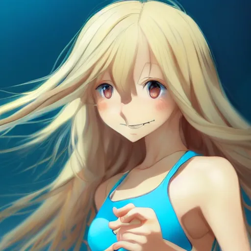 Image similar to a very beautiful young anime tennis girl, long blond hair, full body, sky blue eyes, ( full round face ), short smile, bikini, miniskirt, highly detailed, cinematic wallpaper by stanley artgerm lau