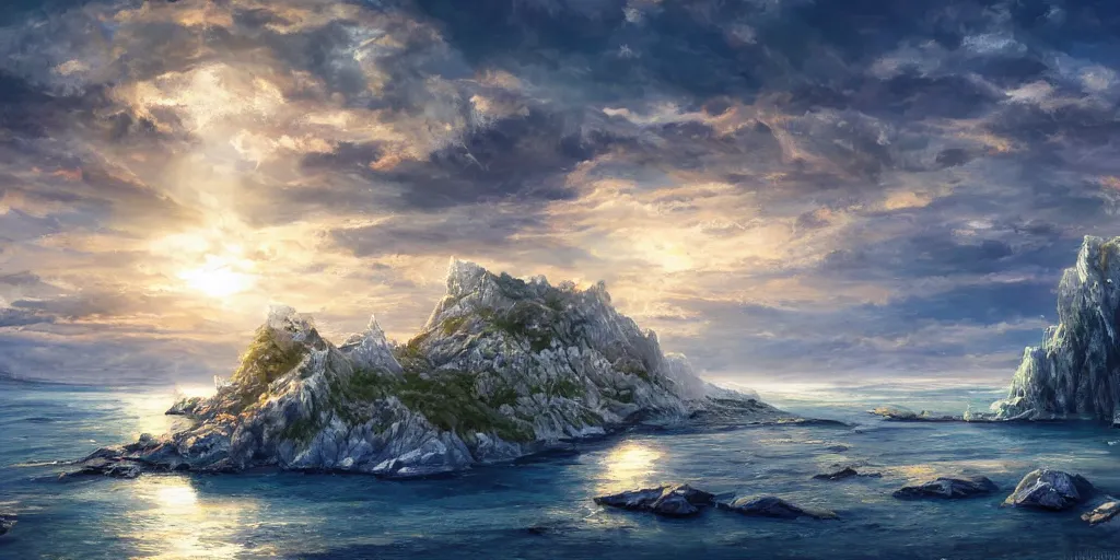 Image similar to salt covered islands surrounded by gleaming crystal quartz cliffs, illustration, bright sunlight, sun glints, sunrays, digital art, oil painting, fantasy, 8 k, trending on artstation, detailed