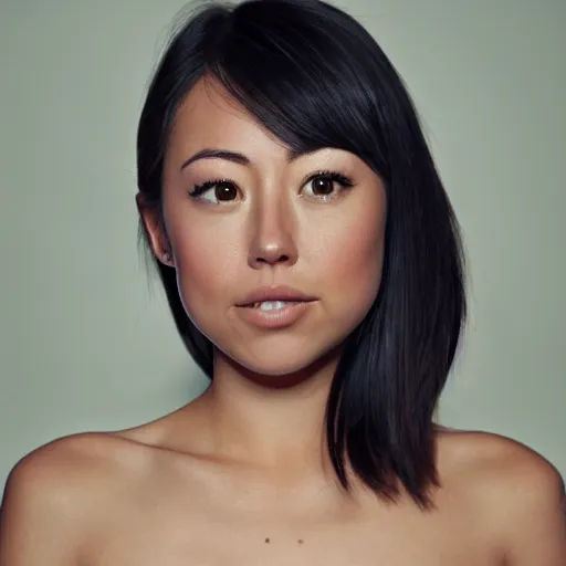 Image similar to portrait karen fukuhara aubrey plaza no hair bald neutral expression face straight on headshot even lighting texture character creator 4