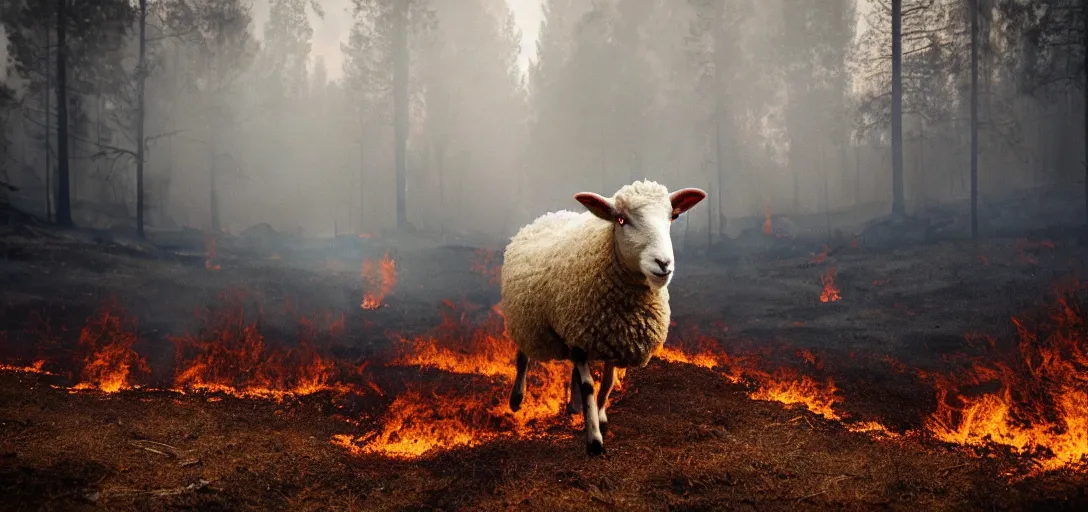 Image similar to full body portrait of sheep running from a forest fire, smoke, flames, dark, gloomy, horror, screaming, insanely detailed, photorealistic, cinematic, dramatic lighting,