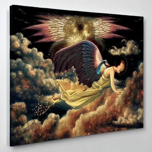 Image similar to top view of an angel falling down heaven, artistic painting style, intricate details