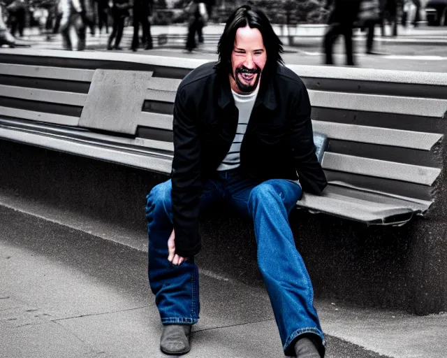 Prompt: 5 5 mm photo of happy keanu reeves in blue jeans and black jacket sitting on a bench in the street. dof. lifelike. ultra detailed. intricate. soft light. nikon d 8 5 0.